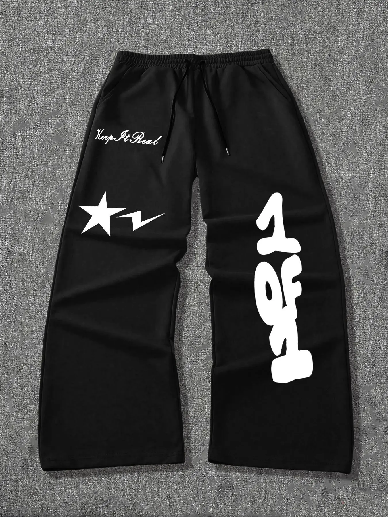 Men's Street Style Star Lightning Letter Print Sports Pants, Loose Fit Wide Leg Straight Trousers, Comfortable for All Seasons