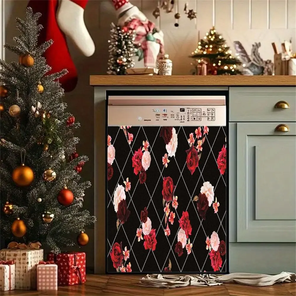 2D Flat 2Pcs Elegant Rose Pattern Dishwasher Cover Geometric Diamond Floral Design Removable Kitchen Appliance Decor Self-Adhesive Vinyl Sticker Modern Art Panel for Home Holiday Christmas Decoration