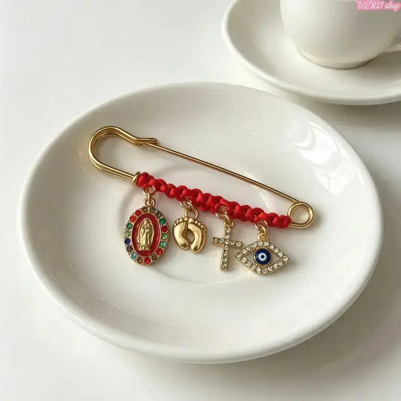 Unisex Religious Spiritual Maternity Safety Pin Brooch Virgin Mary Cross Evil Eye Red Thread Pregnancy Belly Protection Charm Clip Dainty Amulet Jewelry Daily Casual Wear Blessing Gift For Expecting Mom