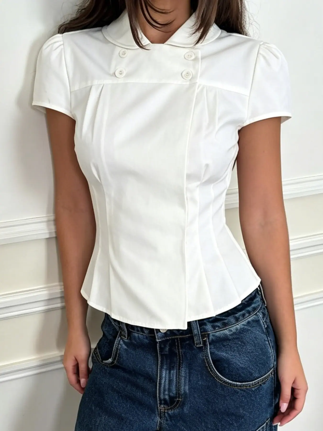 Y2K Waist Cinched A-Line Button up Button Front Collared Women's Blouses, Versatile Preppy Style Streetwear Short Sleeve T-Shirt, Trendy Vintage Cute Aesthetic Coquette Top