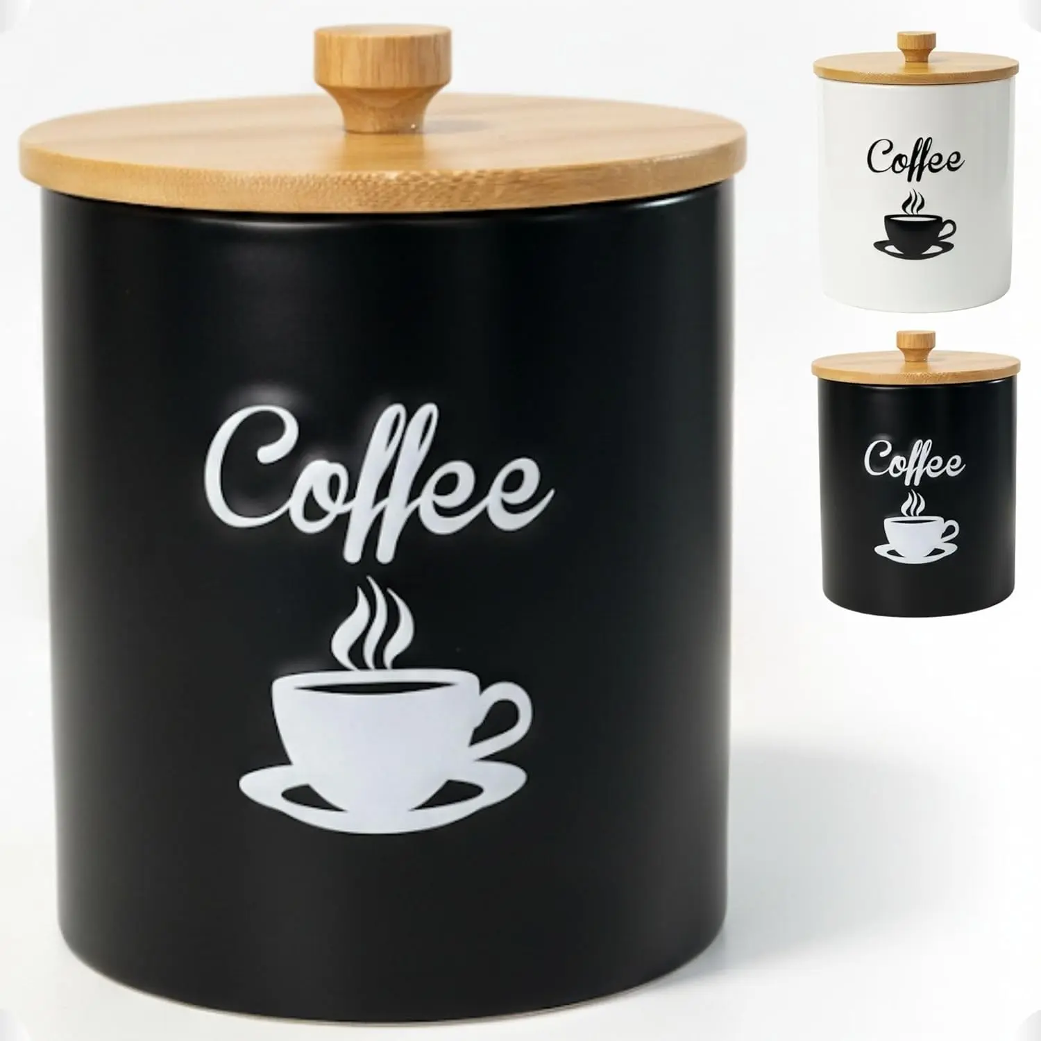 Ceramic Coffee Canister - 12 oz Black Airtight 5x6 in Storage Container with Rubber-Lined Bamboo Lid, Stylish Countertop Use Holder for Grounds, Beans