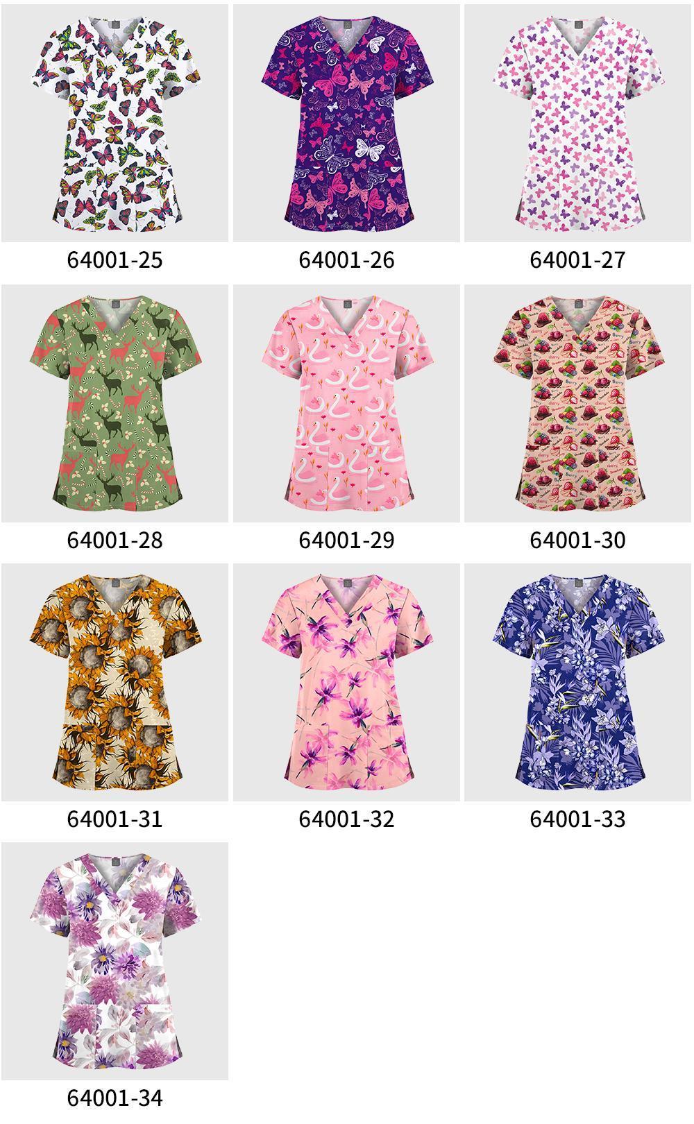 Cartoon Print V-Neck Short Sleeved T-Shirt Scrub Uniform Nurse Scrub Women Uniform Top Surgical Scrubs Nurse Veterinary Workwear