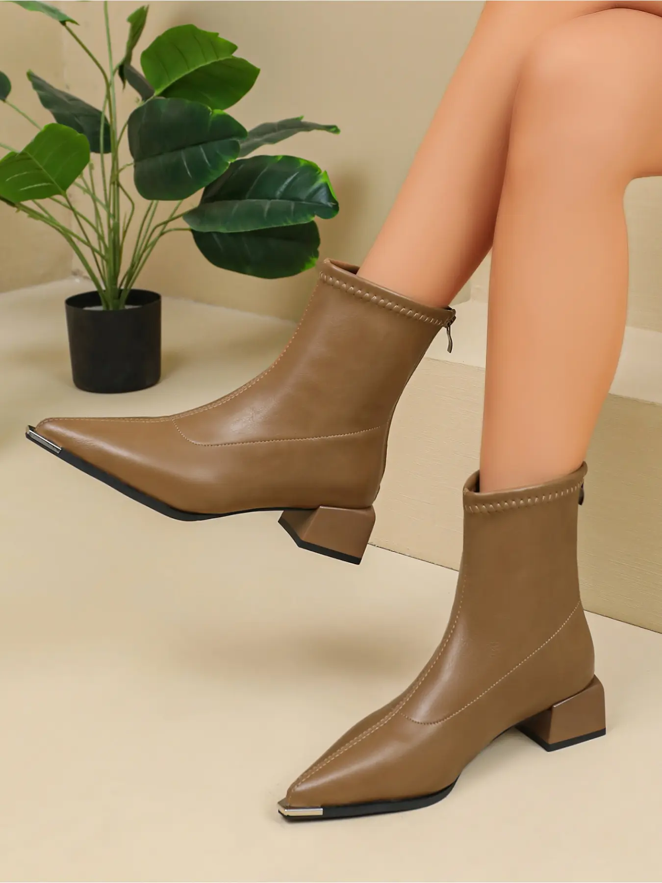 Chic Slimming Stretch Ankle Booties Anti-Collision Metal Tip Polished Upper Mid Block Heel Back Zip Dress Outfit Friendly Short Boots