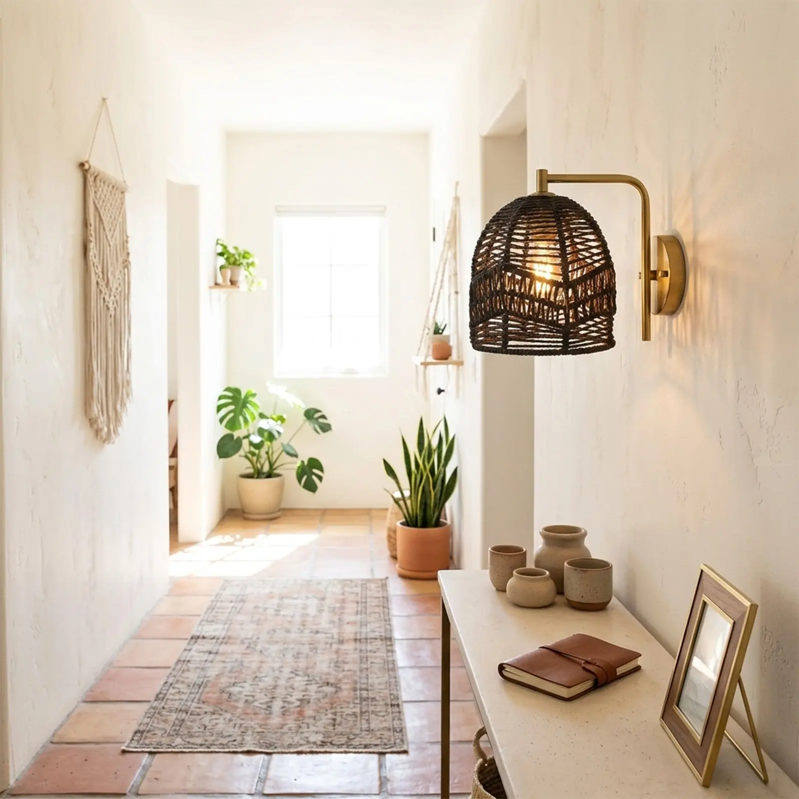 Vintage Wabi Sabi Dual Color Handmade Rattan Lamp Shade, Hexagonal Rattan Light Fixture Cover, Indoor Living Room Bedroom Decor Accessory, Lighting Accessories