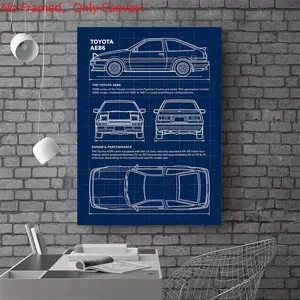 1 Piece/Set frameless canvas painting print poster,Luxury sports car art，Car Toyota AE86 Blueprint， a perfect gift for cars loves, ideal gift for bedroom, living room, dorm hallway, kitchen, mural, wall decoration, room decor
