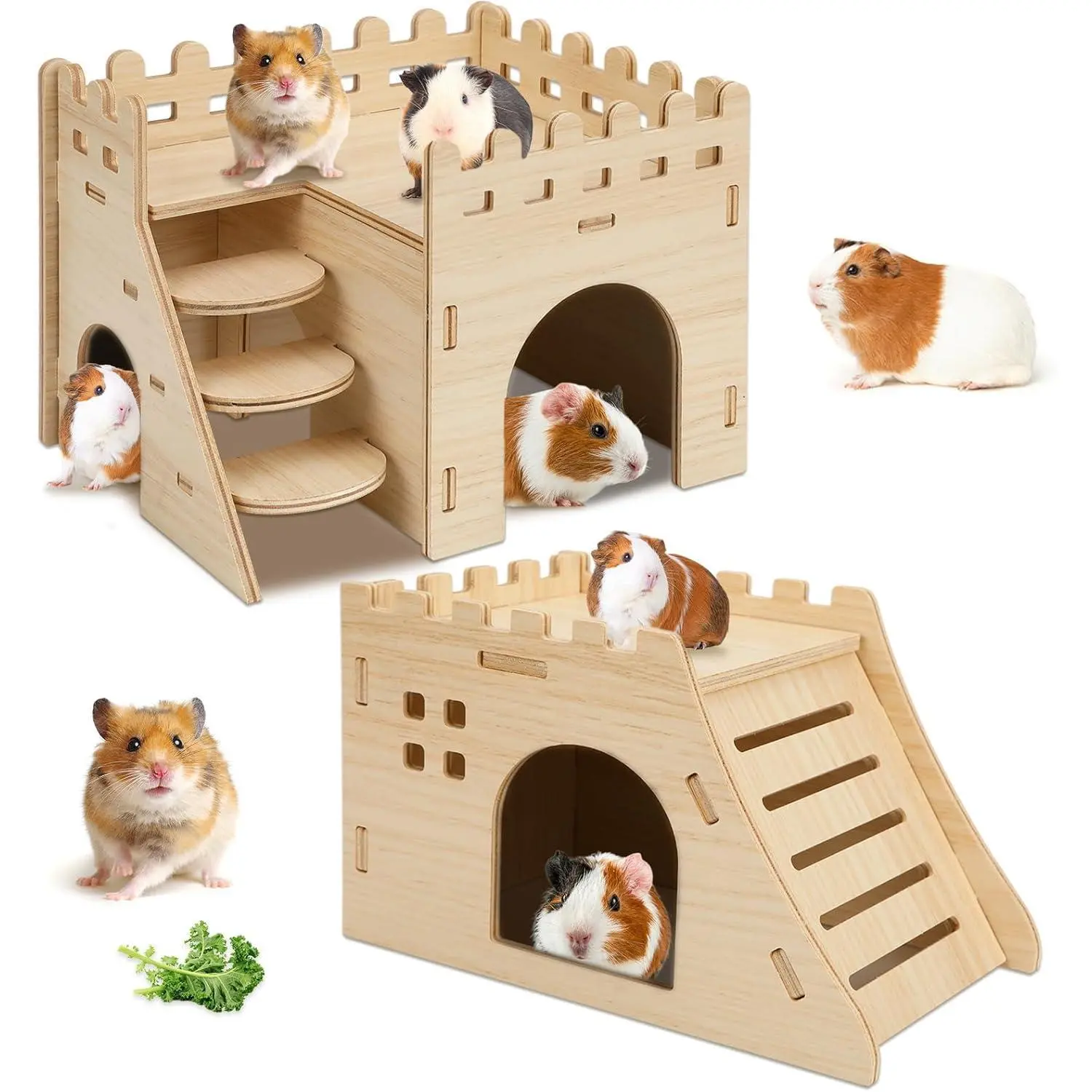 2‑Pack Wooden Hamster Castle House with Stairs, Small Animal Hideout Bed, Easy‑to‑Assemble Wooden Mouse Hideaway for Hamsters and Mice