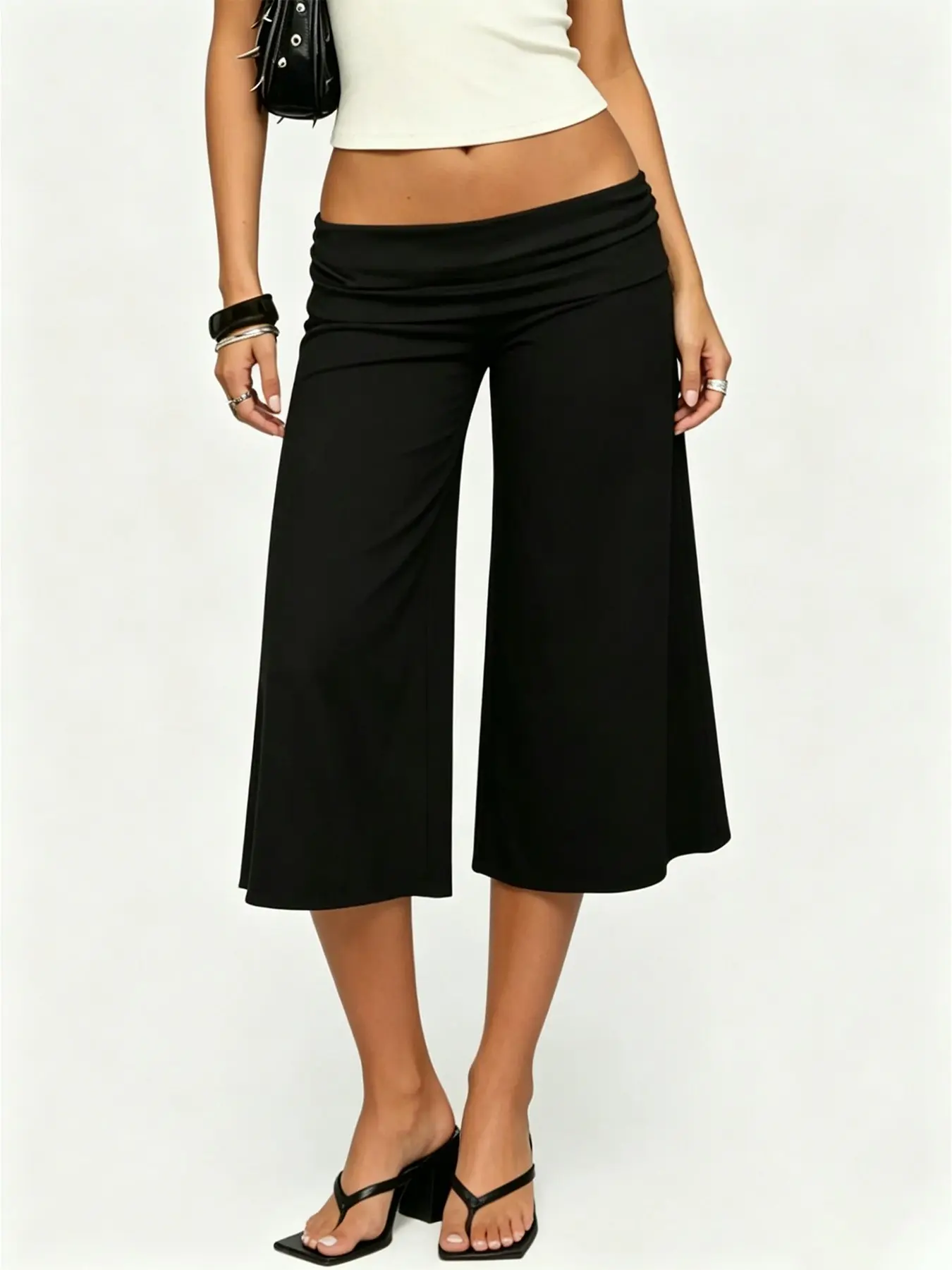 Women's Ruched Fold Over Waist Wide Leg Pants, Y2K Solid High Stretch Cropped Culottes For Casual Daily Street & Party Outfits Fabric Bottom