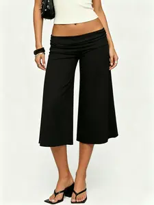 Women's Ruched Fold Over Waist Wide Leg Pants, Y2K Solid High Stretch Cropped Culottes For Casual Daily Street & Party Outfits
