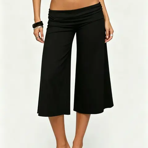 Women's Ruched Fold Over Waist Wide Leg Pants, Y2K Solid High Stretch Cropped Culottes For Casual Daily Street & Party Outfits Fabric Bottom Casual Weekend Bottoms