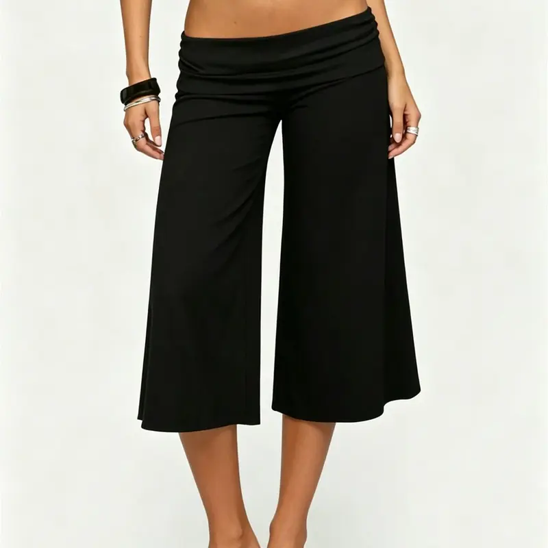 Women's Ruched Fold Over Waist Wide Leg Pants, Y2K Solid High Stretch Cropped Culottes For Casual Daily Street & Party Outfits Fabric Bottom Casual Weekend Bottoms