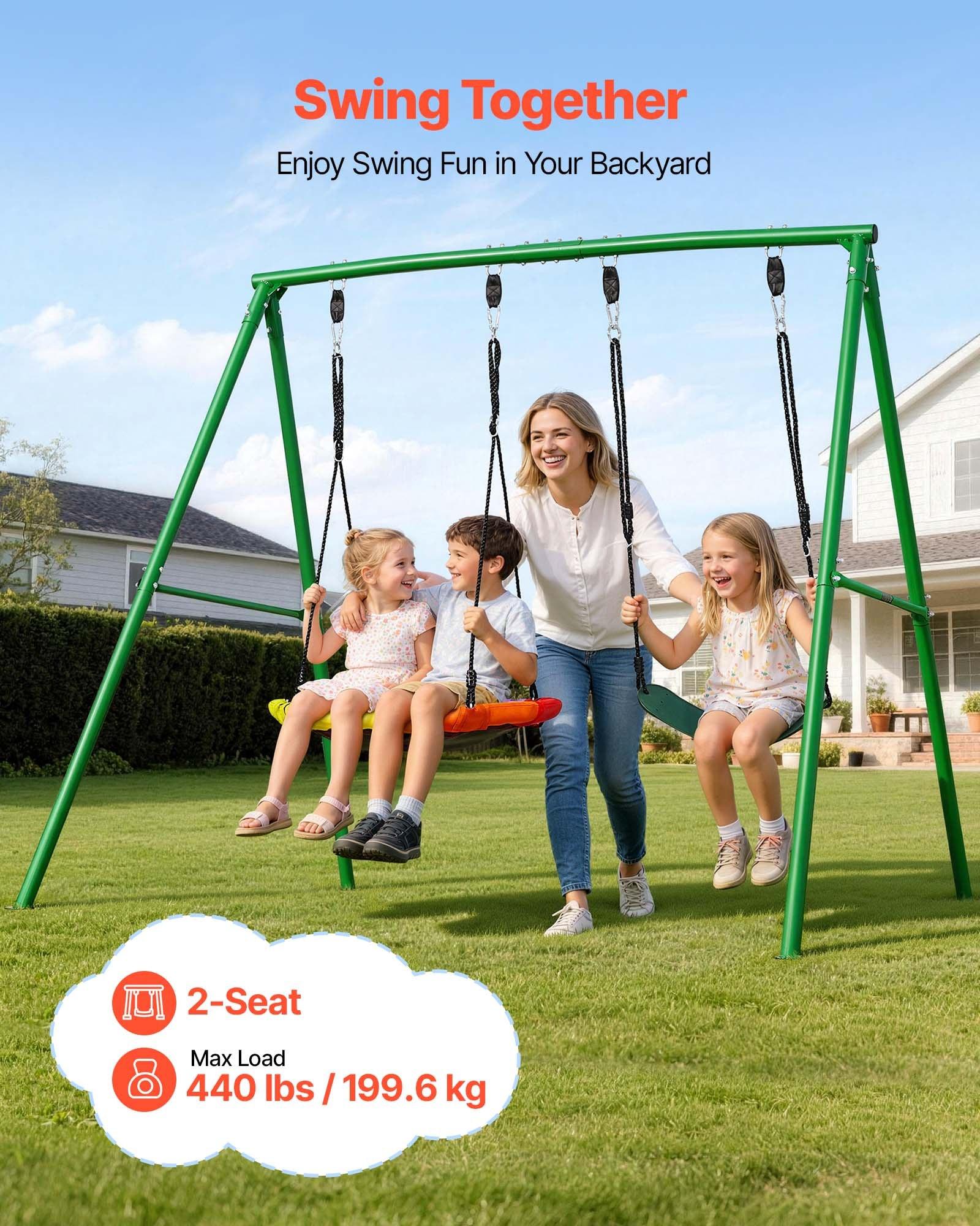 【Summerfinds】VEVOR Unisex Carbon Steel Backyard Playground Equipment, 32-in Adjustable Saucer & Belt Seats, Heavy-Duty A-Frame Stand, 440-lbs Load Capacity, Spiral Ground Anchor Reinforcement, Sturdy Swinging Outdoor Gear for Long-Term Use