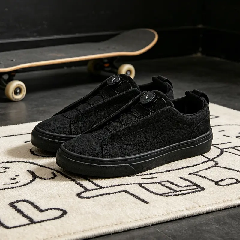 All Black Unisex Rotary Quick Lace Vulcanized Sneakers - Preppy, Breathable Linen Low Top Platform Skate Shoes, Anti-Slip Outsoles Blacked Out Casual Trainers, All Seasons Dark Street Walking Footwear, Plush