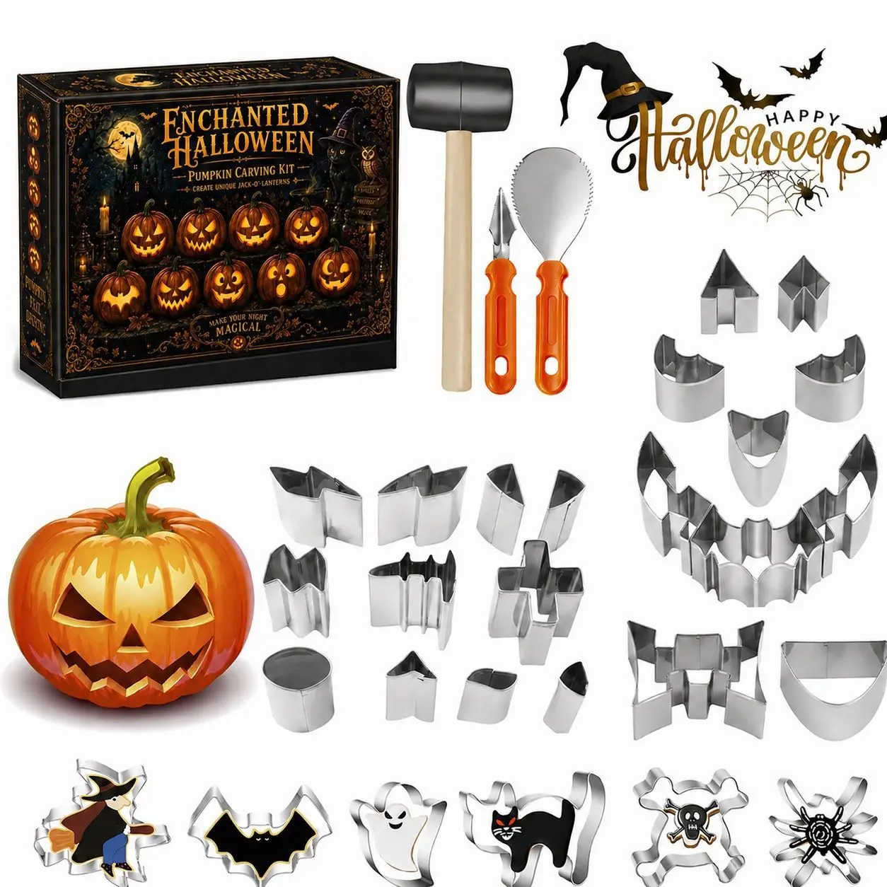 Halloween Pumpkin Carving Kit, Stainless Steel Pumpkin Lantern Cutting Mold and Carving Tools, DIY Jack O' Lantern Making Tool Set