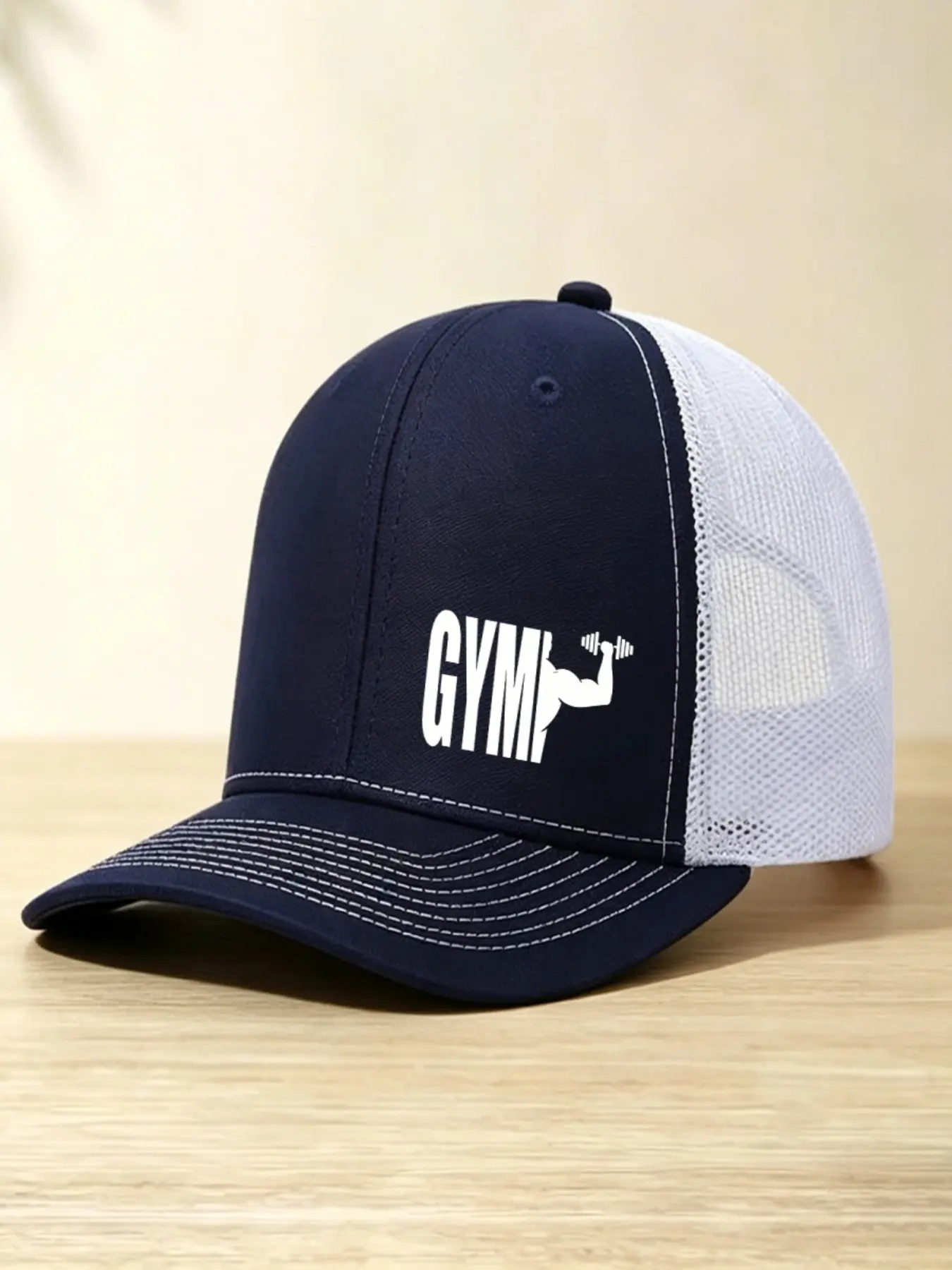 1pc Gym Muscle Dumbbell Print Mesh Trucker Hat, Breathable Color Block Baseball Cap, Adjustable Lightweight Sun Hat for Fitness Workout