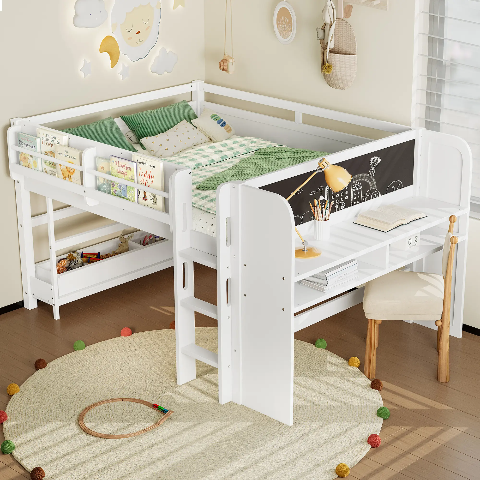 ARCH Full Loft Bed with Multi-Storage Bookcases, Boxes and Drawers, Solid Wood Low Loft Bed Frame with Desk and Blackboard, No Box Spring Needed, White, for Kids Teens Bedroom, Space-Saving Furniture, Bedroom Furniture for Bedroom, Guest Room