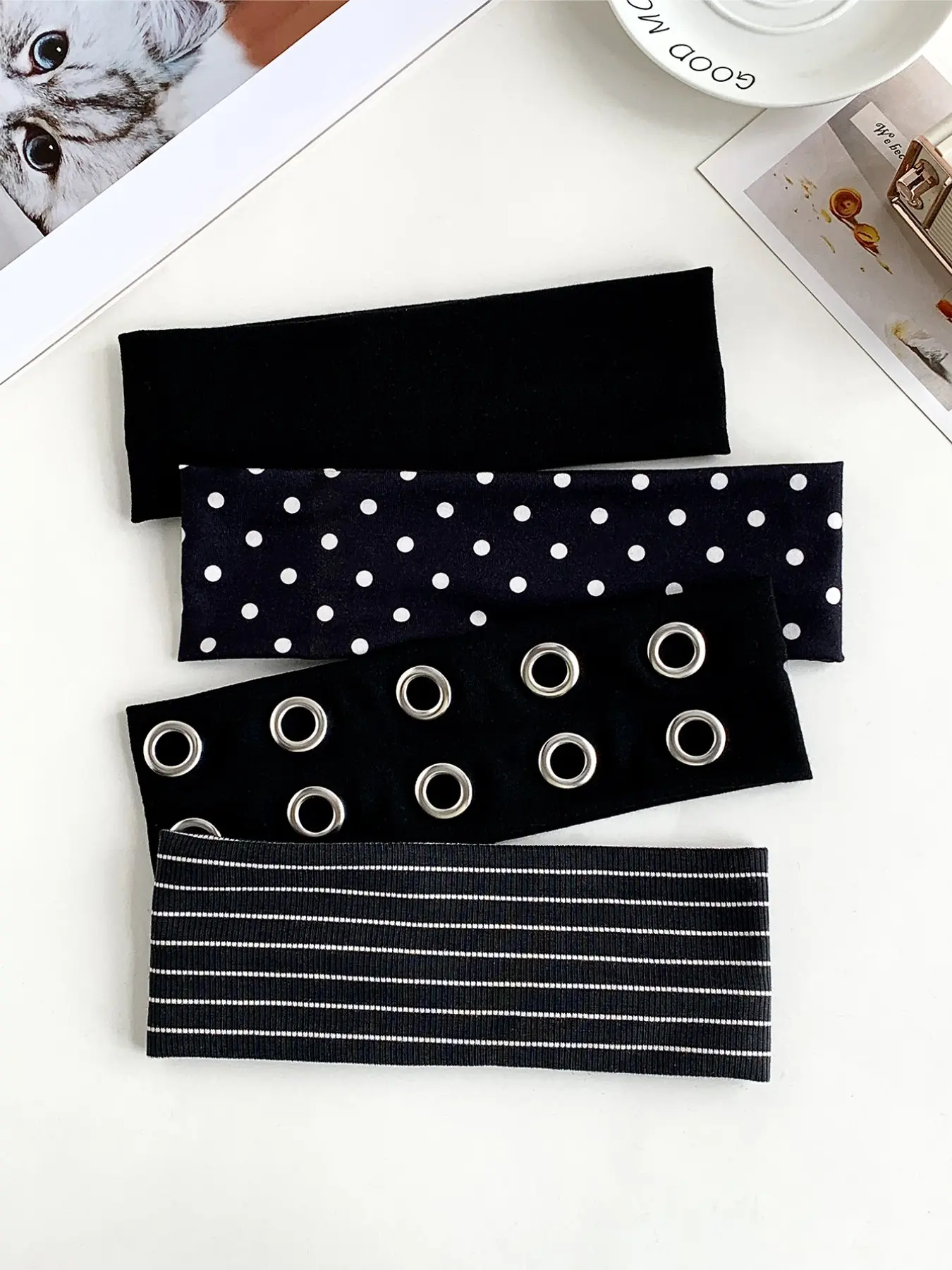 4pcs Korean Retro Wide Band Knit Headbands, Solid Color Polka Dot Striped Metal Eyelets, Elastic Soft Anti-Slip Hair Bands, Stretchy Headbands