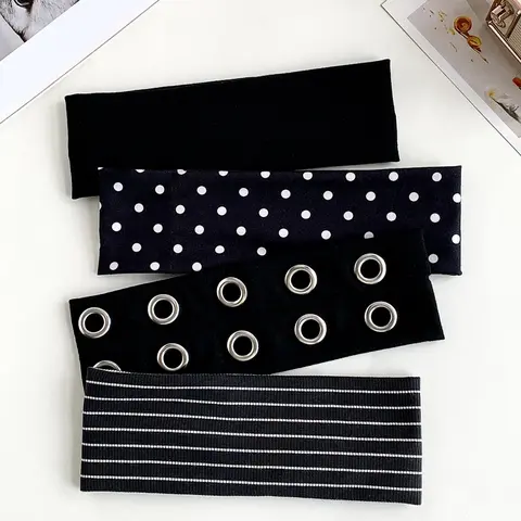 4PCS Korean Retro Wide Band Knit Headbands, Solid Color, Polka Dot, Striped Patterns, Metal Eyelets, Elastic Soft Anti-Slip Hair Bands, Headband Set