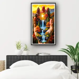 One 2D flat unframed hand-made DIY diamond painting kit, natural landscape with waterfall, dreamy healing style, suitable for home decoration, handcraft lovers, gifting and collection