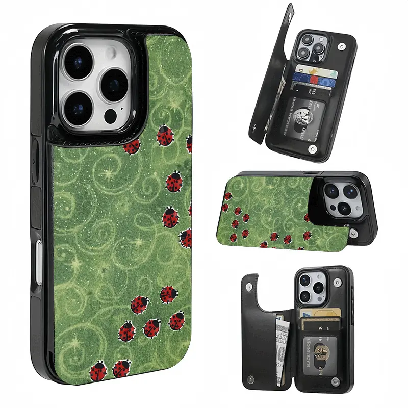 Green Pastoral Ladybug Pattern Card Holder, This phone case features a card slot function, can store bank cards, transit cards and other cards, suitable for iPhone 17/16/15/14/13/12, and makes a great gift for girls.