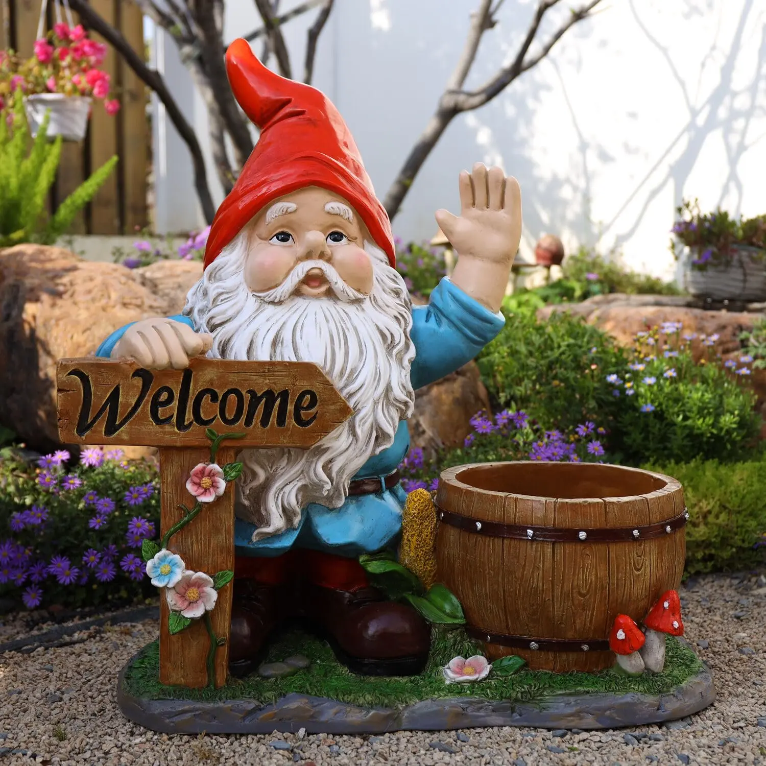 Nokaa Extra Large Resin Gnome Flower Pot Planter Statue for Outdoor Garden Yard Patio Lawn Decor - Red Weatherproof Welcome Gnome with Planter Bowl - Unique Gift for Housewarming Christmas Birthday
