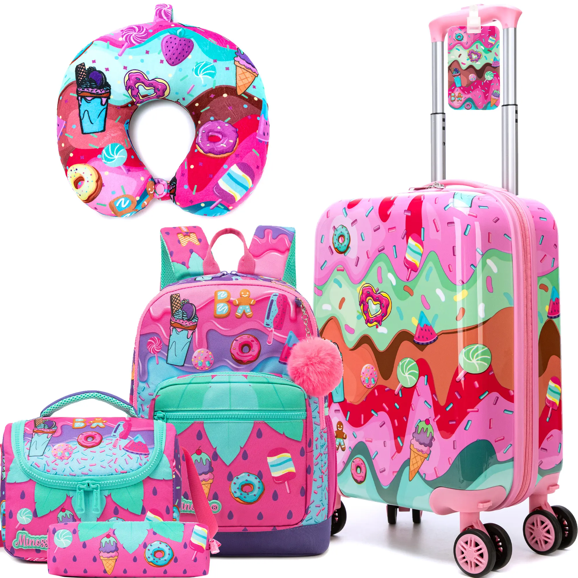 Girls Cute Pink Donut Ice Cream Hardshell Luggage 5 Pcs Set | Sweet Candy Sprinkles Rolling Carryon Suitcase with Matching Backpack, Lunch Bag & Pencil Case | Kids Travel Combo 2026