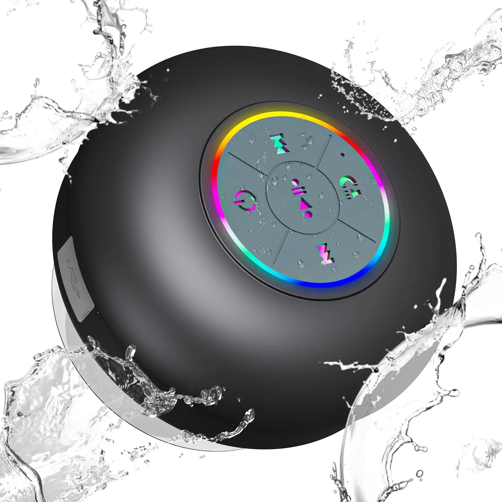 Black Compact Portable Water Resistant Dustproof Bluetooth Speaker with LED Light - Large Detachable ABS Suction Cup, IPX4 Rated, Stereo Sound, Multi-Function Buttons, Stable Bluetooth 5.0 Connection, MP3/Smartphone Support for Sports & Outdoor Leisure