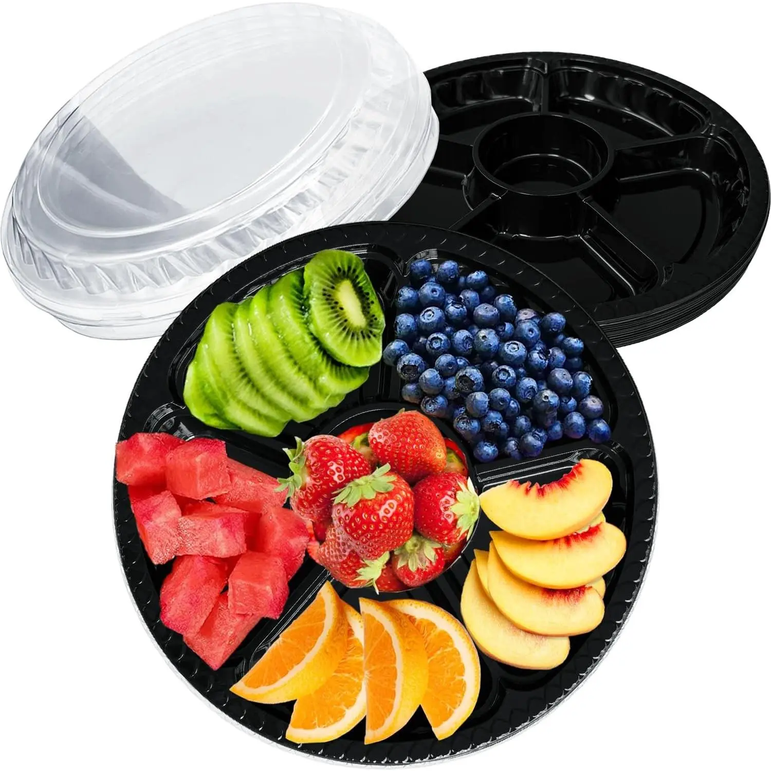 12 Pack Disposable Clear Plastic Appetizer Trays with Lids, 6 Section Round Divided Serving Platters Food Storage Containers for Party, Snacks, Fruits, Vegetables