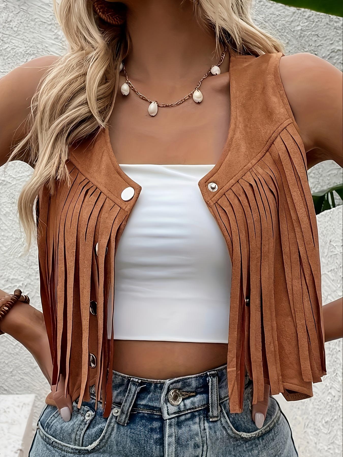 Women's Fringe Detail Denim Vest, Faux Suede Material, Button Front V Neck Sleeveless Top, Casual Spring & Fall Fashion, Casual Sleeveless Outerwear