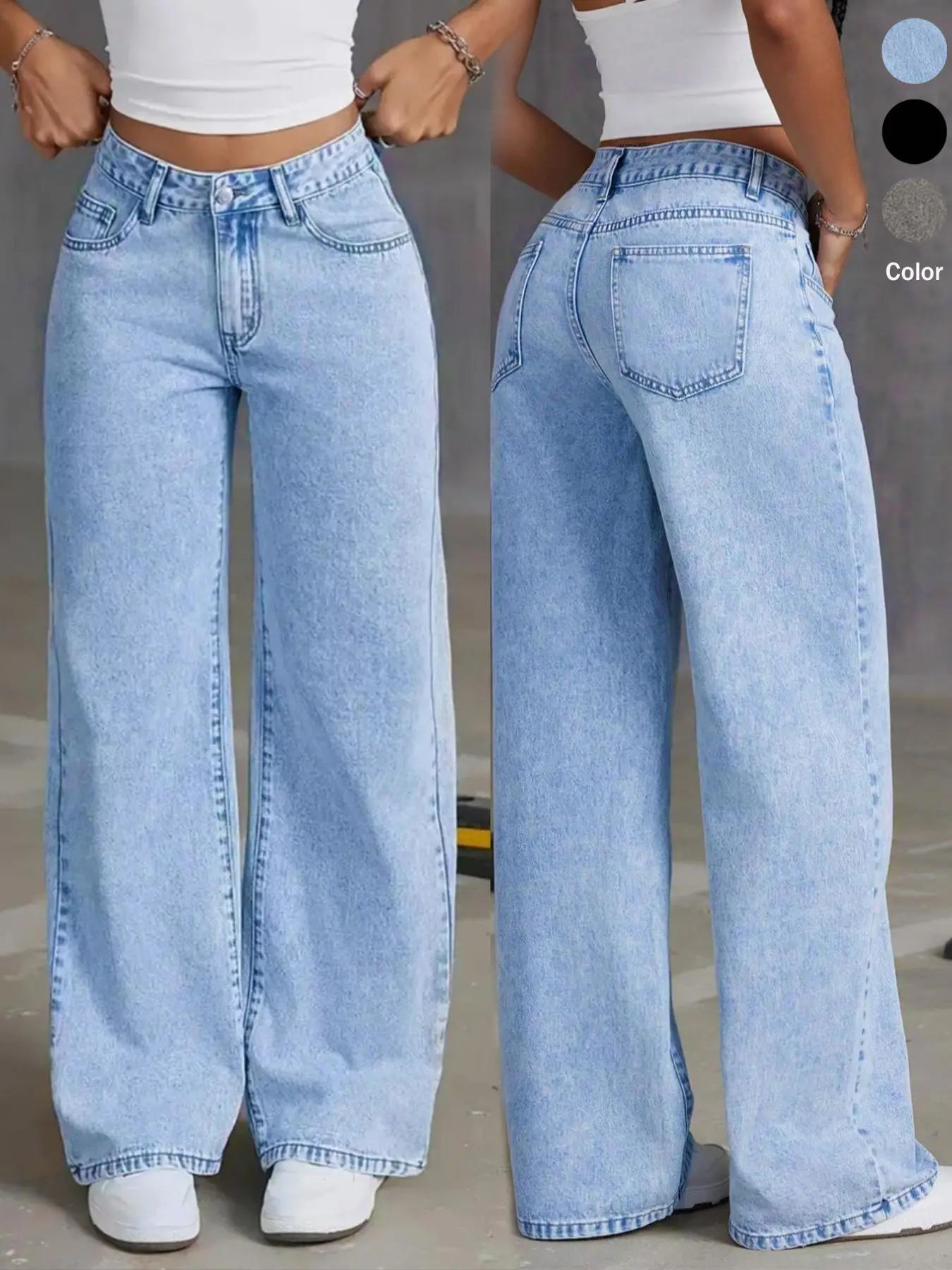 Women's Non-Elastic Wide Leg Denim Jeans, Casual Plain Design, All Seasons, Loose-Fit, Button Fly, Everyday Wear