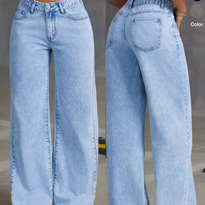 Women's Non-Elastic Wide Leg Jeans Pants, Casual Plain Design, All Seasons, Loose-Fit, Button Fly, Everyday Wear