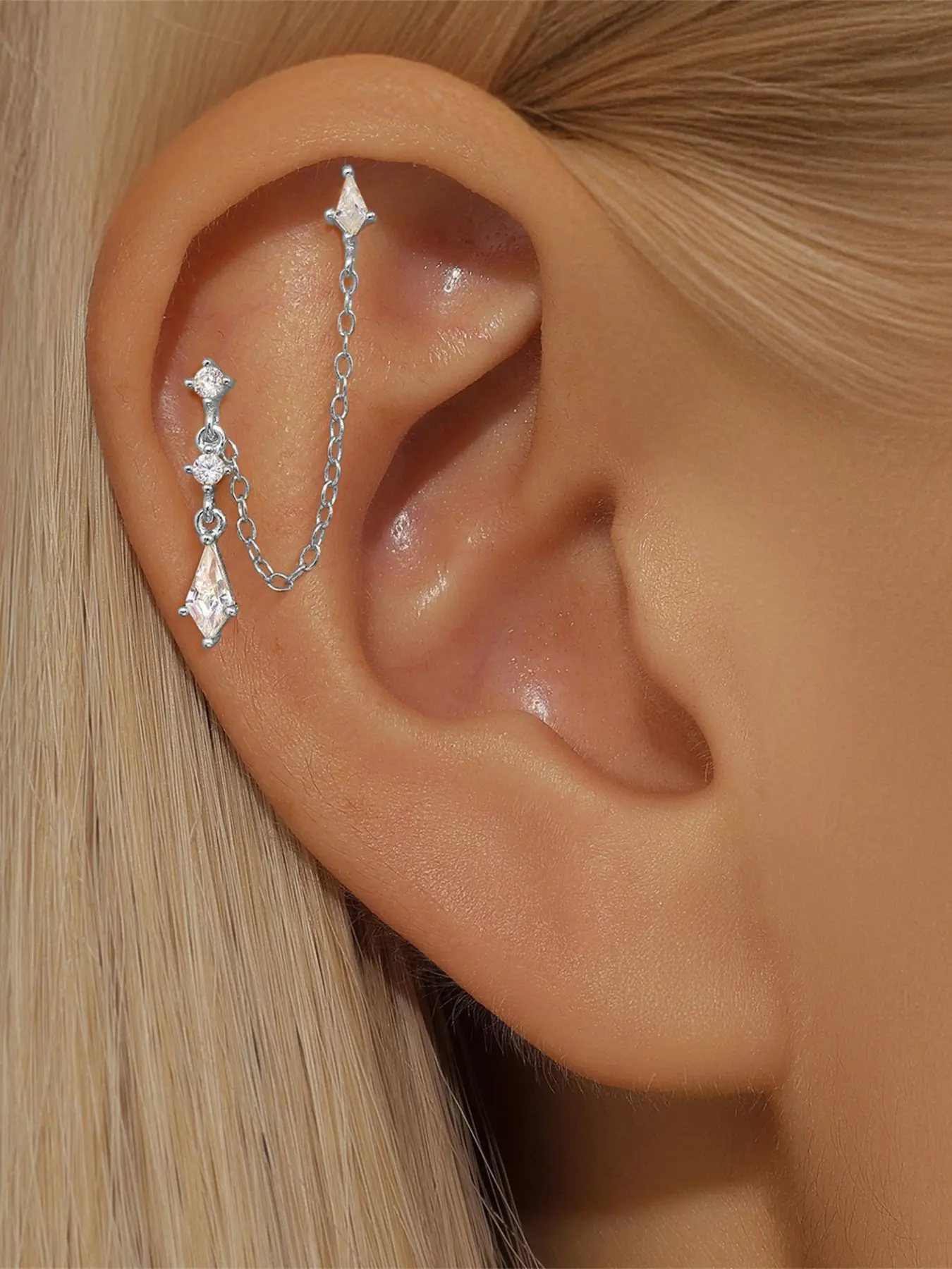 1Pc 925 Sterling Silver Classic Geometric Cubic Zirconia Tassel Chain Dual-Wear Drop Earrings Cartilage Jewelry Helix Tragus Lobe Piercing Suitable For Women For Daily, Dates, Vacation, Wedding, Party, Holiday Gift