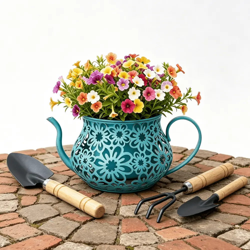 [PABHAN] Vintage Metal Kettle-Shaped Planters And 3 Gardening Tools, Openwork Carved Planters, Designed for Garden And Home Decor, Suitable for Indoor, Balcony, And Garden Use with Succulents And Herbs gardening gift