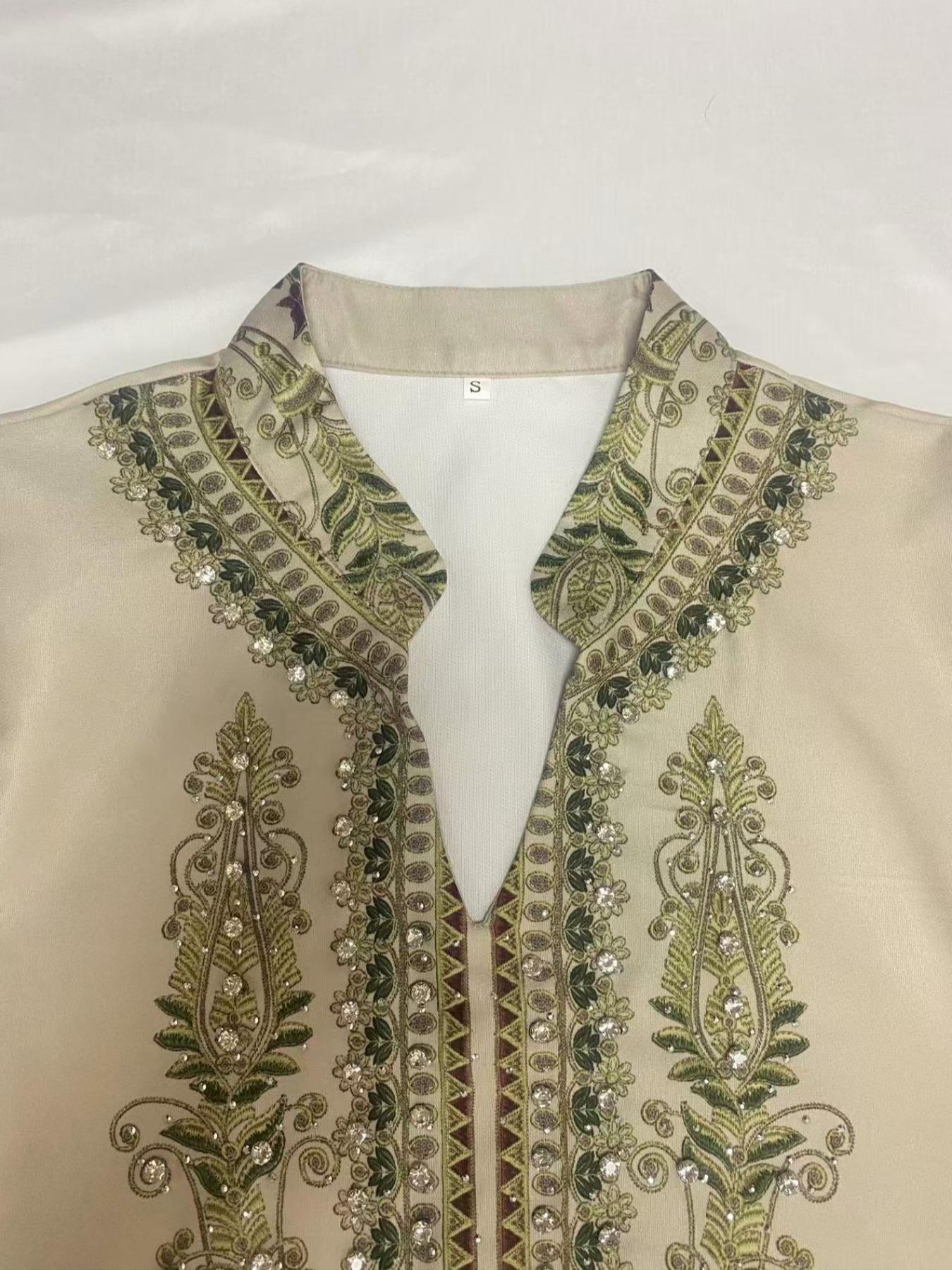 Women's Elegant Long Dress, Loose Fit Ethnic Print, Lace-Up Design, All-Season Wear, Perfect for Evening Occasions & Special Events