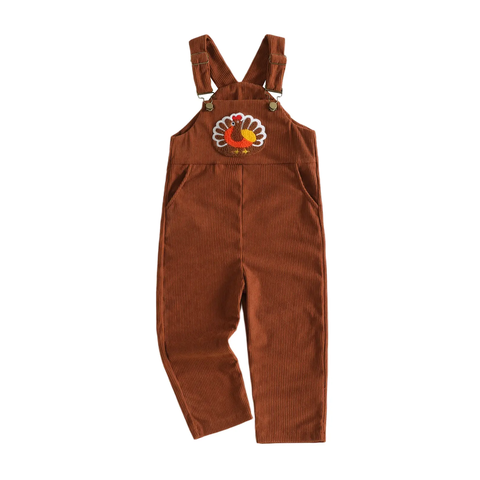 REDWOON Toddler Baby Little Boy Thanksgiving Corduroy Overalls Turkey Embroidery Adjustable Strap Pocket Suspender Pants