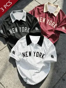 3-Pack Men's Summer Retro New York Print Striped Polo Shirts, Loose Fit Contrast Collar Short Sleeve, Casual Baseball Style Top