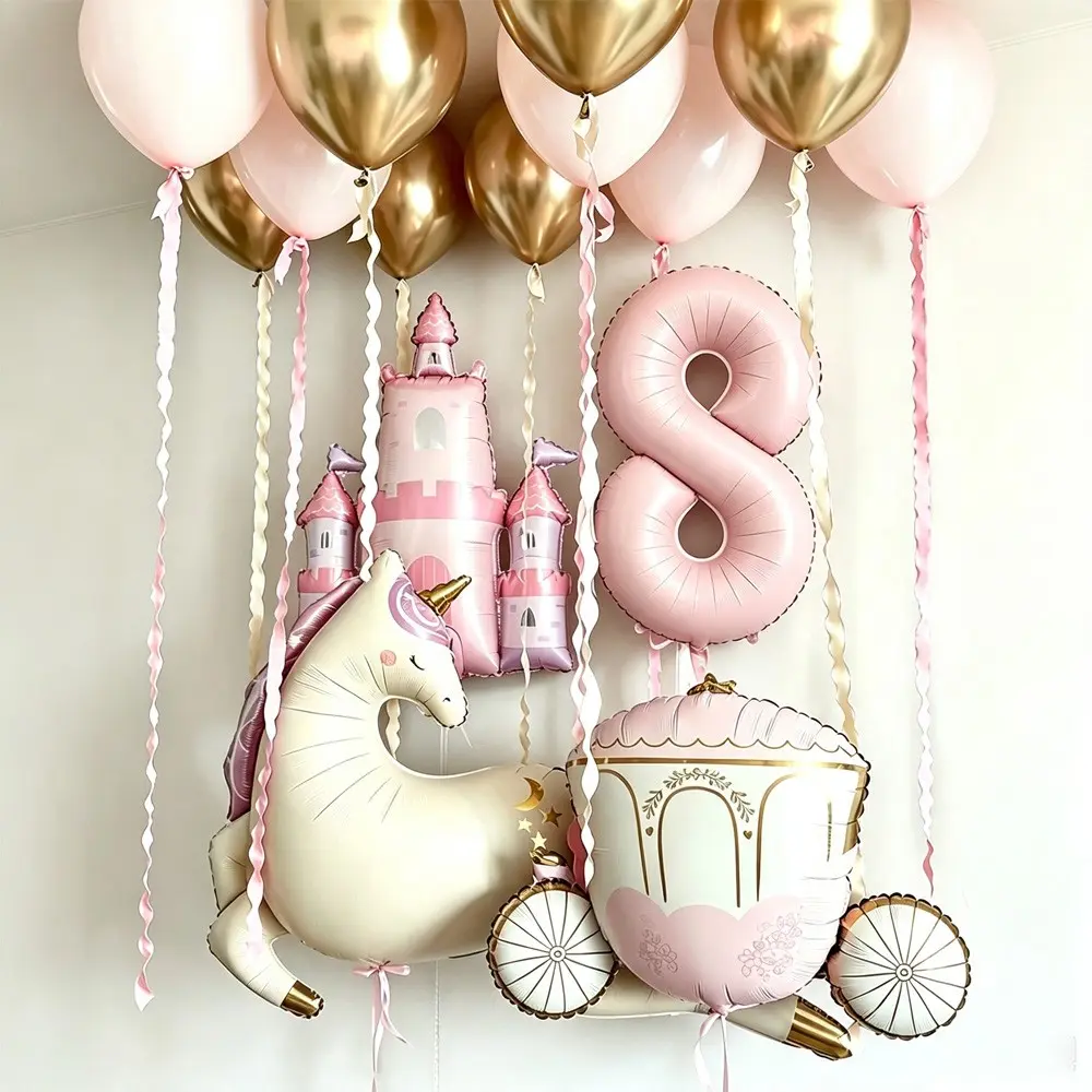 Unicorn Castle Carriage with Baby Numbers, Princess Theme Girl Birthday Party Hanging Decorations, Choose 0-9 Digits, Balloon