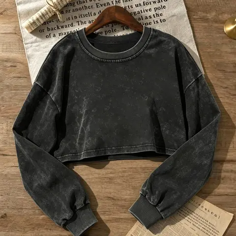 Vintage Washed Out Fashion Crop Top Women's Sports Sweatshirt Casual Long Sleeve Fall Winter Loose Fit Hoodie, Perfect for Daily Commute & Street Style