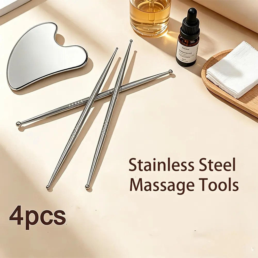 Stainless Steel Scraping Board and Acupuncture and Moxibustion Massage Pen Set -4-piece Set of Professional Facial and Body Reflexology Tools, Suitable for Temporomandibular Joint, Jaw, Sinus, Facial Shaping and Muscle Trigger Point Relief (silver)