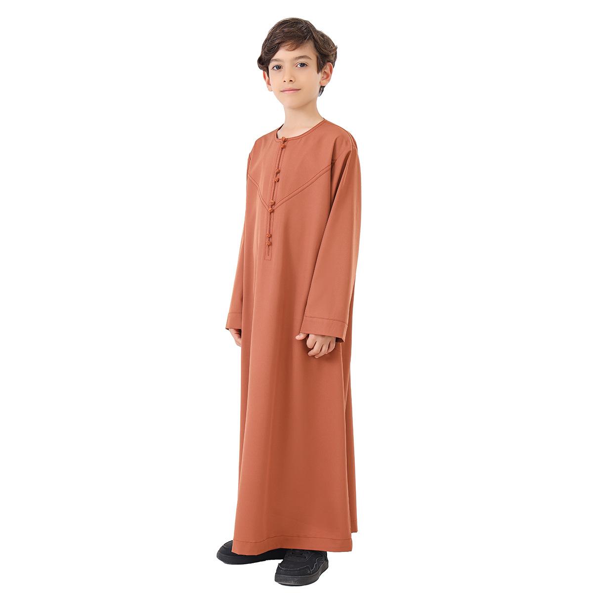 Boys' Solid-Color Buttoned Robe - Polyester-Blend Fabric for Daily Casual Wear Long Sleeve Arabic Boys Thobe