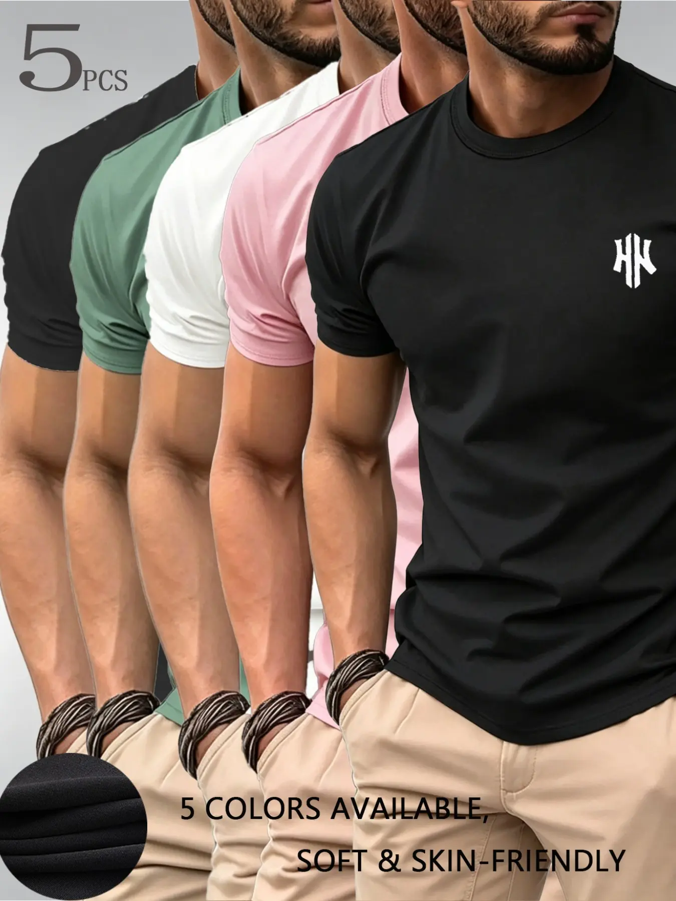 Five-Piece Plain Print T-Shirts, Comfortable Fit, Contains Spandex, Essential Wardrobe Item, Men's Casual T-Shirts, Daily Wear, Versatile Softness
