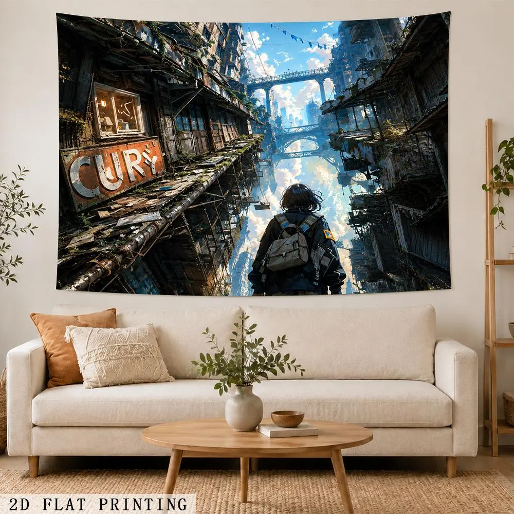 2D Flat Tapestry - Post-Apocalyptic City Anime Art Urban Fantasy Wall Hanging, Home & Festive Party Supplies Backdrop Banner for Wall Decoration