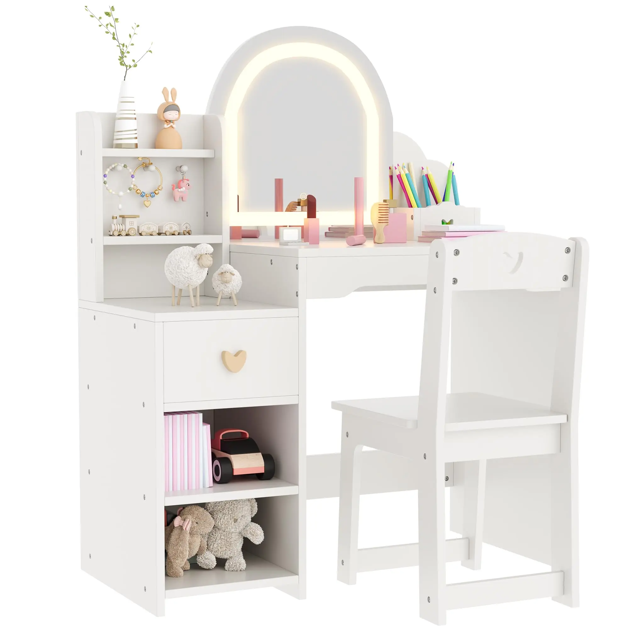 Summervibes Flash Sale Home Items Stylish Decorative Kids Vanity Table with LED Illuminated Mirror, Child-Safe Sturdy Build, Built-In Storage Drawer, Cute Dressing Furniture for Girls Bedroom Nursery Interior Decoration