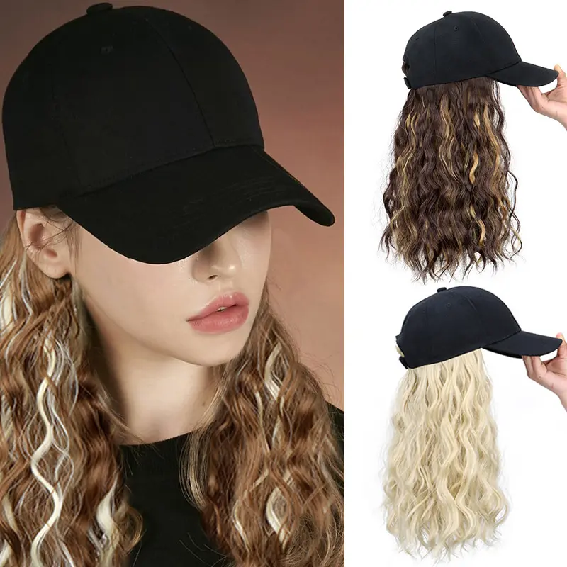 Cross-border women's medium-long hair wig with integrated duckbill hat, 18-inch curly hair full headpiece, in-stock wholesale