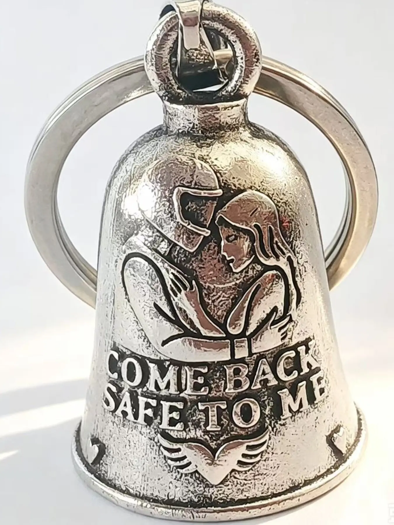 Motorcycle Couple Guardian Bell, Knight Safety Bell Keychain, Biker Gift, Street Style Baroque Pattern, Polished Finish