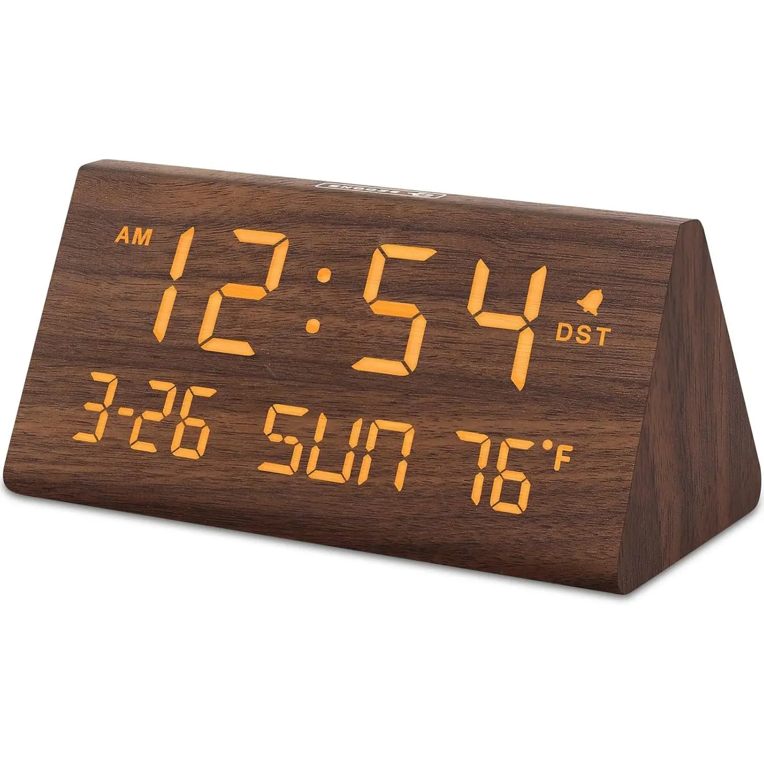 Minimalist Electronic Wooden Desk Clock - Digital Alarm Clock with Date, Day of Week, USB Port, Temperature, Dimmer, Adjustable Volume, Auto DST, Ideal for Bedroom Bedside Table, Gift for Indoor Furniture Use, Wheel