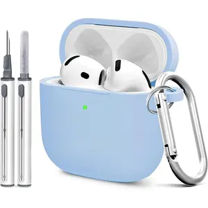 for Airpods 4th Case Cover, Come with Cleaner Kit,Soft Skin Silicone Case Cover with Keychain, Full Protective Case for Men and Women, Compatible with AirPods 4th Generation Case,Sky Blue