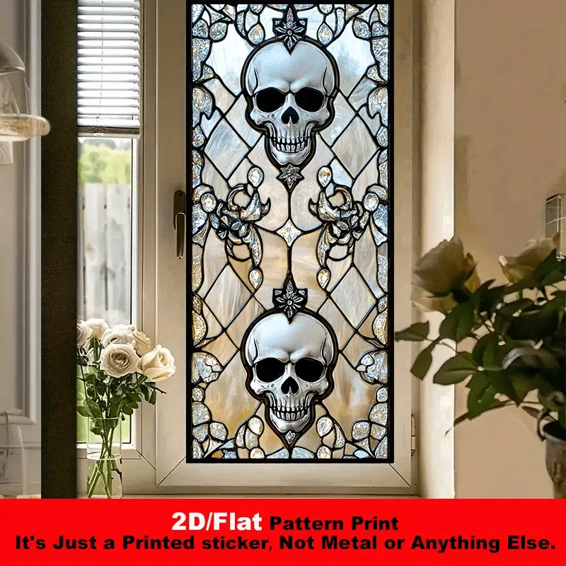 1pc 2D Flat, Glass Film Window Sticker - Matte Skull Art Style Glass Sticker, Skull Decal, Gothic Pattern Decorative Style, Suitable for Study And Entrance Windows, 17.72×39.37inch. Electrostatic Adsorption Translucent Window Film Sticker