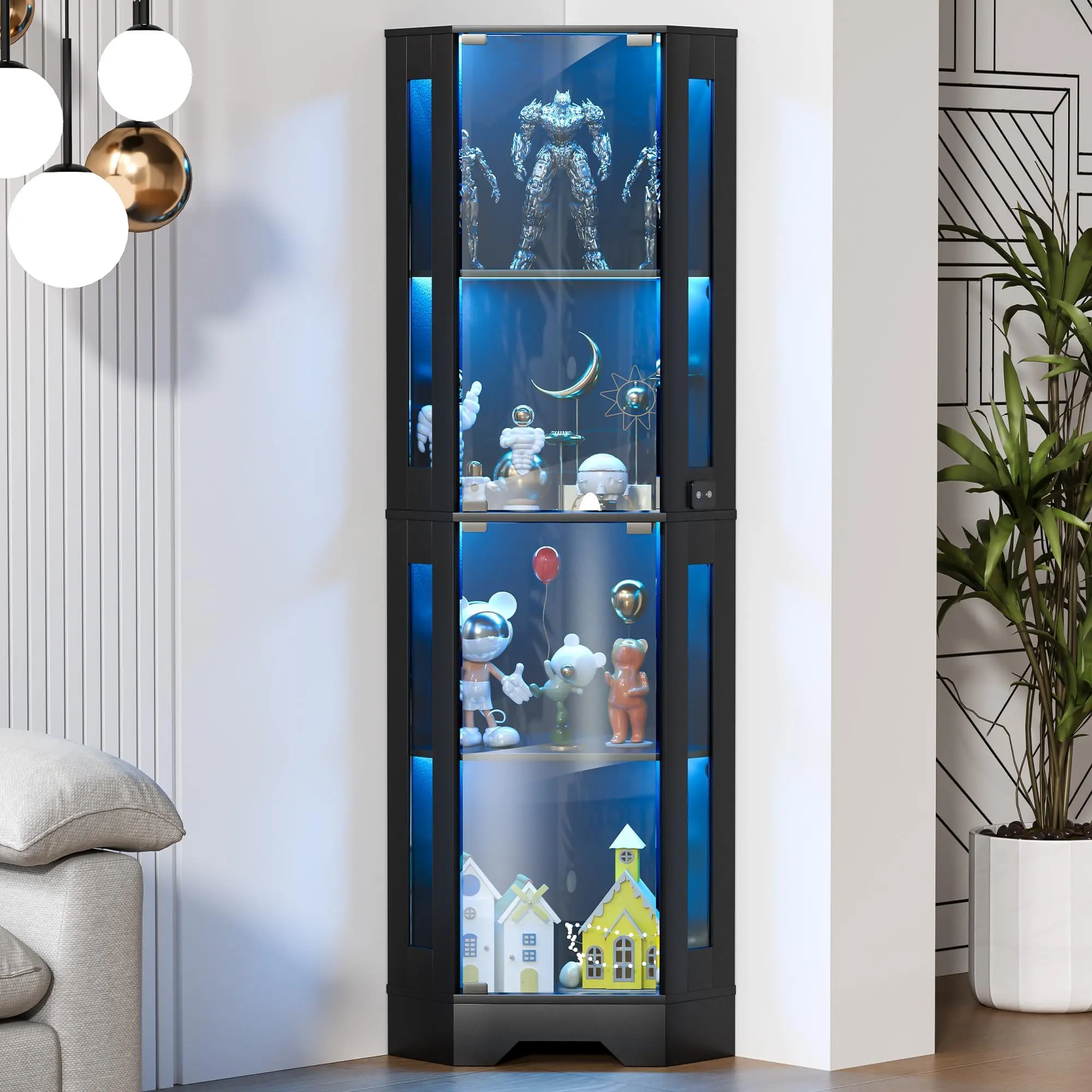 4-Tier Corner Curio Cabinet with Motion Sensor LED – Dimmable 3-Color Glass Display, Space-Saving Rack for Living Room & Dining Room