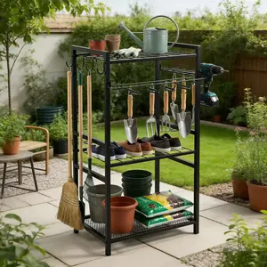 Gardening Tool Rack with Storage Hooks, Holds Up to 50 Tools, Multi-Layer Organizer for Garage or Outdoor Space