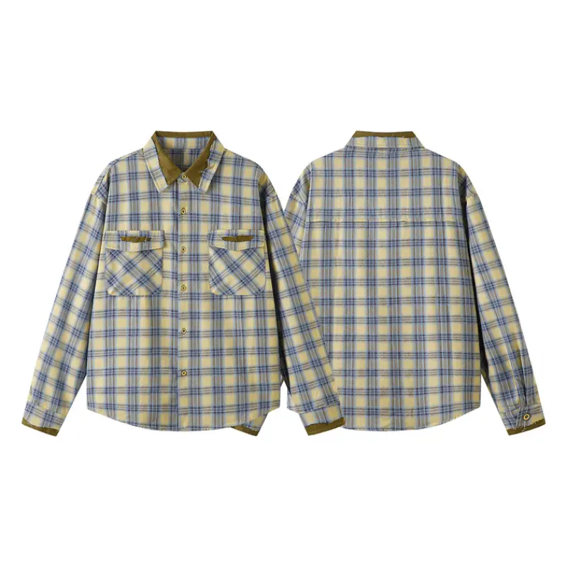 Menswear Long-Sleeve Checked Shirt - Contrast-Trim Collar & Cuffs, Retro Brushed Flannel Lapel Workwear, Drop Shoulder Casual Overshirt with 2 Chest Pockets, Vintage Lazy Style Versatile Layering Outer Top (Full Sleeves), Longsleeves